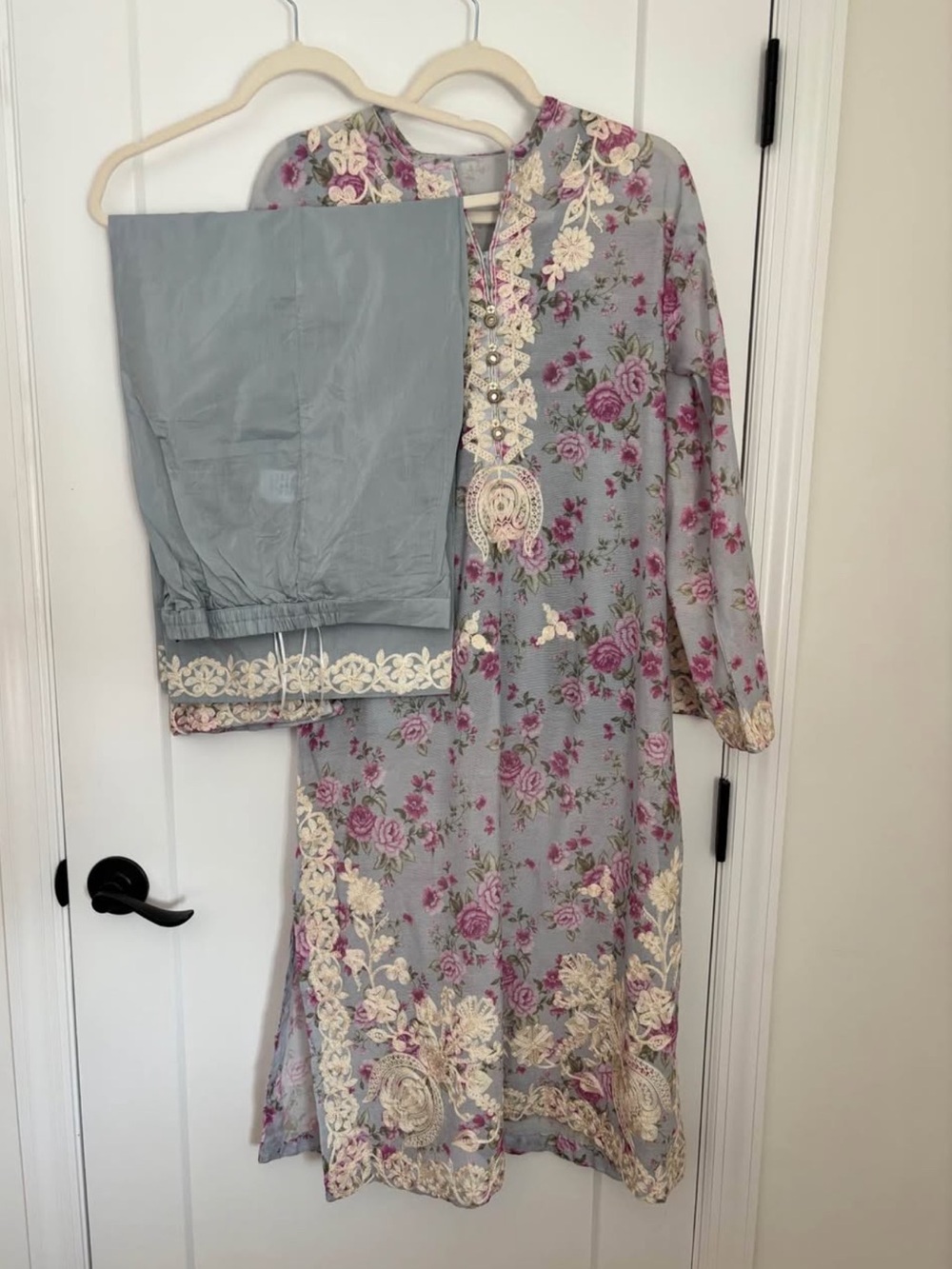Three piece long shirt with embroidery trousers and undershirt